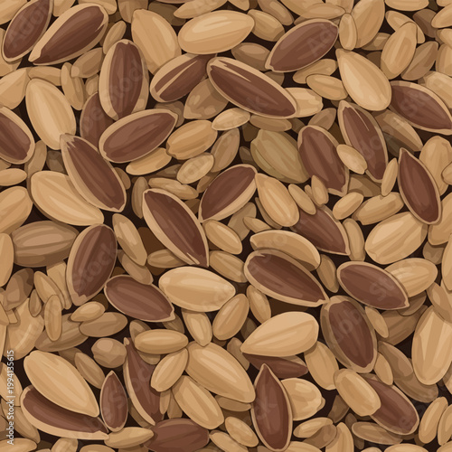 Seamless vector illustration of mixed organic seeds and birdseed grains including sunflower seeds in earthy shades of brown and tan for a natural food background texture.