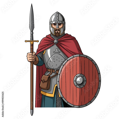 Medieval Norman knight illustration in chainmail armor with a silver breastplate, red cloak, and nasal helmet, holding a long spear and a round wooden shield on a white background.