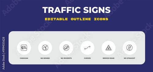 outline traffic signs icons set - caravan, no bombs, no rodents. editable vector for web and mobile ui