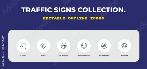 outline traffic signs collection. icons set - u turn, lane, no bicycle. editable vector for web and mobile ui