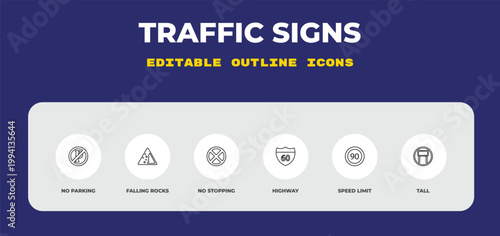 outline traffic signs icons set - no parking, falling rocks, no stopping. editable vector for web and mobile ui