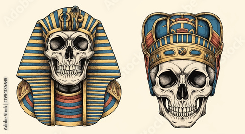 Vintage hand-drawn sketches of two human skulls wearing traditional ancient Egyptian pharaoh headdresses including the nemes crown with gold and blue stripes on a white background.