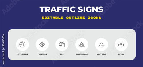 outline traffic signs icons set - left hair pin, t junction, hill. editable vector for web and mobile ui