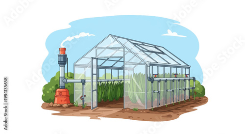 Vector illustration of a glass greenhouse featuring an automated drip irrigation system, external water pump unit with chimney, and rows of green plants growing inside.
