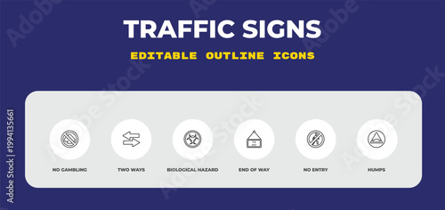 outline traffic signs icons set - no gambling, two ways, biological hazard. editable vector for web and mobile ui