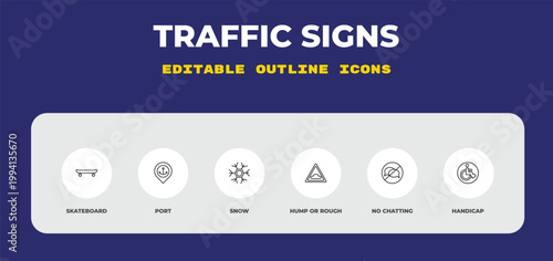 outline traffic signs icons set - skateboard, port, snow. editable vector for web and mobile ui