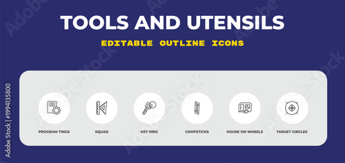 outline tools and utensils icons set - program tings, squad, key ring. editable vector for web and mobile ui