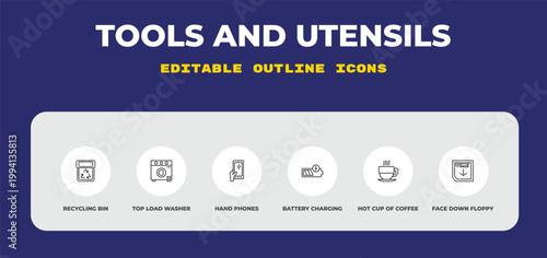 outline tools and utensils icons set - recycling bin, top load washer, hand phones. editable vector for web and mobile ui