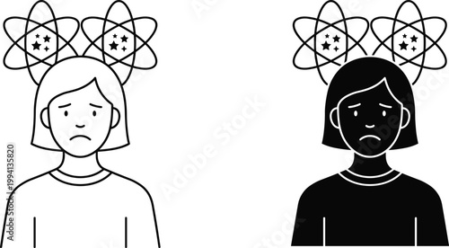 Mental Health Awareness Illustration with Sad Women Characters and Abstract Brain Symbols Representing Anxiety, Stress, Emotional Confusion, Psychological Struggles, and Inner Turmoil Concept