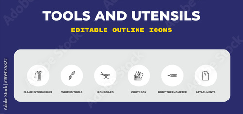 outline tools and utensils icons set - flame extinguisher, writing tools, iron board. editable vector for web and mobile ui
