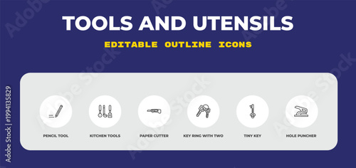 outline tools and utensils icons set - pencil tool, kitchen tools, paper cutter. editable vector for web and mobile ui