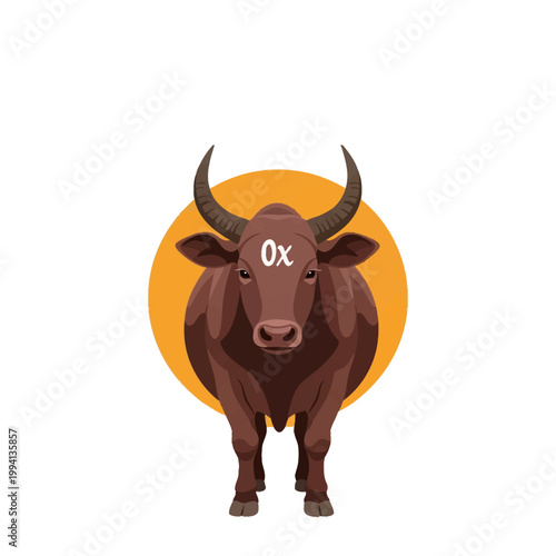 Vector illustration of a brown ox bull with large curved horns and a white 0x symbol on its forehead, positioned in front of a solid orange circle isolated on a white background.