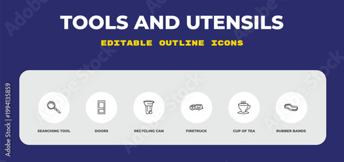 outline tools and utensils icons set - searching tool, doors, recycling can. editable vector for web and mobile ui