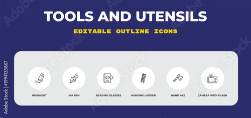 outline tools and utensils icons set - highlight, ink pen, reading glasses. editable vector for web and mobile ui