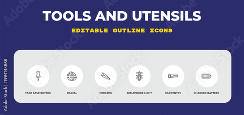 outline tools and utensils icons set - tack save button, radial, forceps. editable vector for web and mobile ui