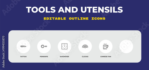 outline tools and utensils icons set - tattoo, penknife, magnifier. editable vector for web and mobile ui