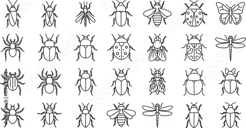 Insect icon set featuring beetles spiders bees flies dragonflies and various bugs in minimal outline style vector collection