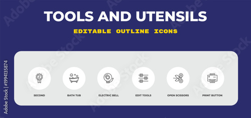 outline tools and utensils icons set - second, bath tub, electric bell. editable vector for web and mobile ui