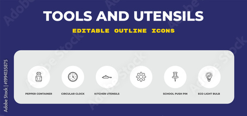 outline tools and utensils icons set - pepper container, circular clock, kitchen utensils. editable vector for web and mobile ui