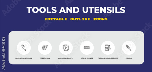 outline tools and utensils icons set - microphone voice tool, tessen fan, cardinal points. editable vector for web and mobile ui