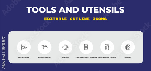 outline tools and utensils icons set - edit picture, hammer drill, ringing. editable vector for web and mobile ui
