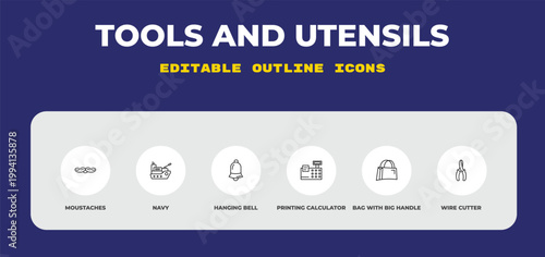 outline tools and utensils icons set - moustaches, navy, hanging bell. editable vector for web and mobile ui