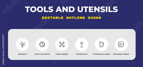 outline tools and utensils icons set - windmills, clock and watch, cross wrench. editable vector for web and mobile ui