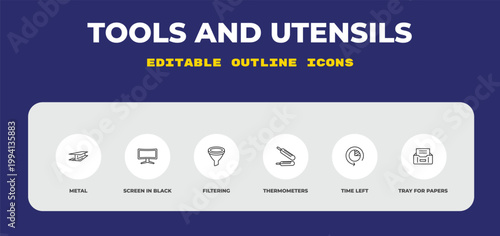 outline tools and utensils icons set - metal, screen in black, filtering. editable vector for web and mobile ui