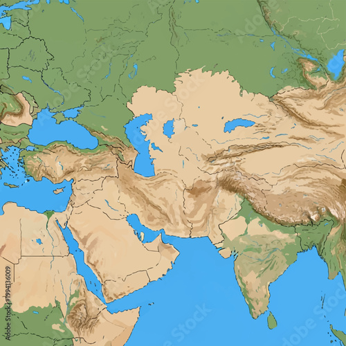 Physical topographic map of the Middle East, Central Asia, and the Indian subcontinent, featuring major mountain ranges, plateaus, and seas in a stylized hand-drawn vector format.