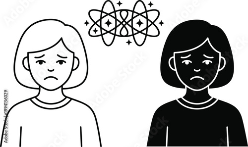 Mental Health Concept Illustration with Sad Women Characters and Scribble Thought Symbol Representing Anxiety, Stress, Depression, Confusion, and Emotional Struggle in Modern Life