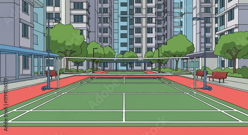 Outdoor badminton court illustration with high-rise apartment buildings, trees, benches, and a central net in an urban residential park setting with green and red floor.