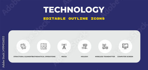 outline technology icons set - structural elements, mathematical operations, media. editable vector for web and mobile ui
