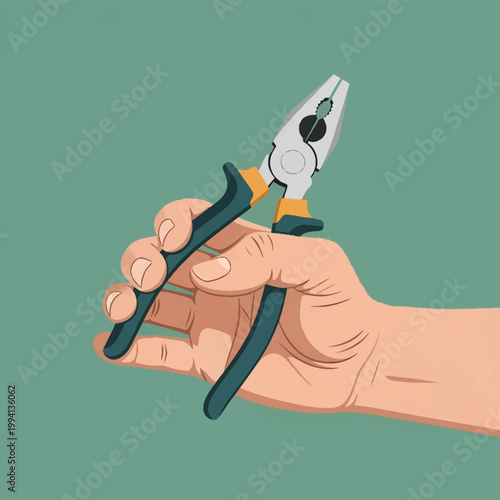 Vector illustration of a male hand holding steel combination pliers with black and yellow handles against a solid teal background, ideal for repair, DIY, and construction themes.