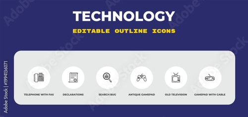 outline technology icons set - telephone with fax, declarations, search bug. editable vector for web and mobile ui