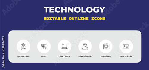 outline technology icons set - pitching hine, fryer, open laptop. editable vector for web and mobile ui