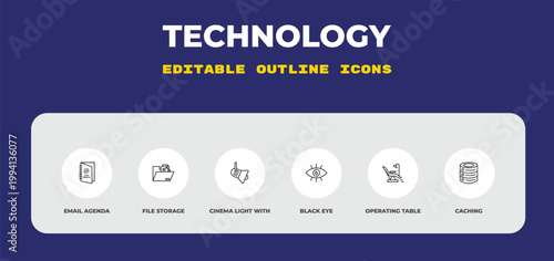 outline technology icons set - email agenda, file storage, cinema light with cable. editable vector for web and mobile ui