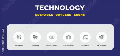 outline technology icons set - virtual box, holidays, battery levels. editable vector for web and mobile ui