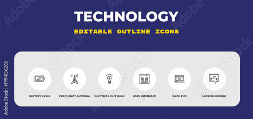 outline technology icons set - battery level, frequency antenna, electric light bulb. editable vector for web and mobile ui