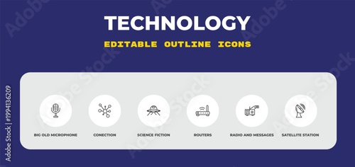 outline technology icons set - big old microphone, conection, science fiction. editable vector for web and mobile ui