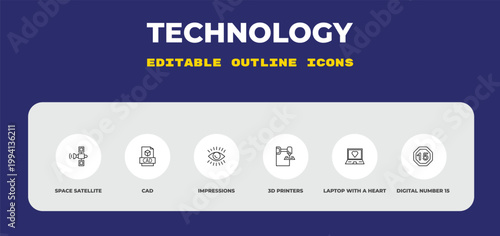 outline technology icons set - space satellite, cad, impressions. editable vector for web and mobile ui
