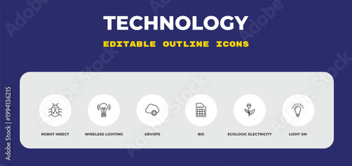 outline technology icons set - robot insect, wireless lighting, devops. editable vector for web and mobile ui