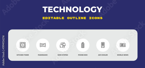 outline technology icons set - kitchen timer, panoramic, grid system. editable vector for web and mobile ui