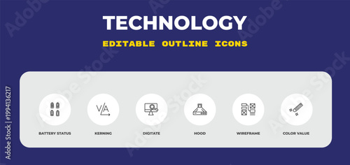 outline technology icons set - battery status, kerning, digitate. editable vector for web and mobile ui