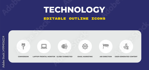 outline technology icons set - conversion, laptop frontal monitor, globe connected circuit. editable vector for web and mobile ui
