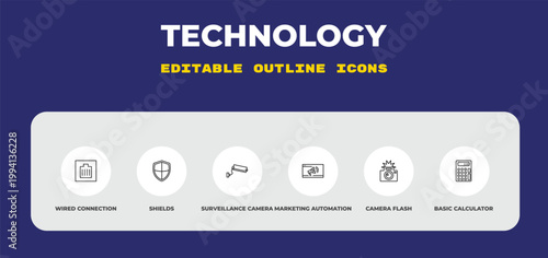 outline technology icons set - wired connection, shields, surveillance camera. editable vector for web and mobile ui