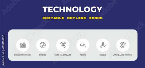 outline technology icons set - camera front view, dialysis, news via satellite. editable vector for web and mobile ui