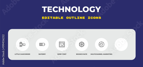outline technology icons set - little camcorder, baterry, serif font. editable vector for web and mobile ui