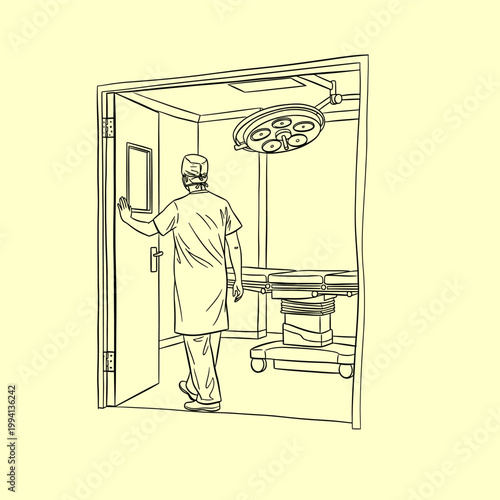 Focused medical staff member entering the operating theater, ready for a crucial surgical intervention amidst sterile equipment and modern lighting