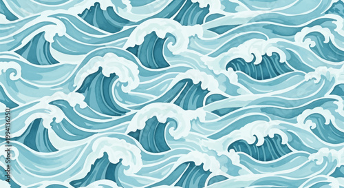 Seamless watercolor illustration of stylized ocean waves with curling white foam crests in shades of blue and teal, inspired by traditional Japanese ukiyo-e wave art patterns.
