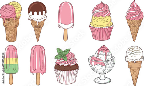 Hand drawn ice cream and dessert illustration set featuring cones popsicles cupcakes and sundaes in colorful vintage sketch style